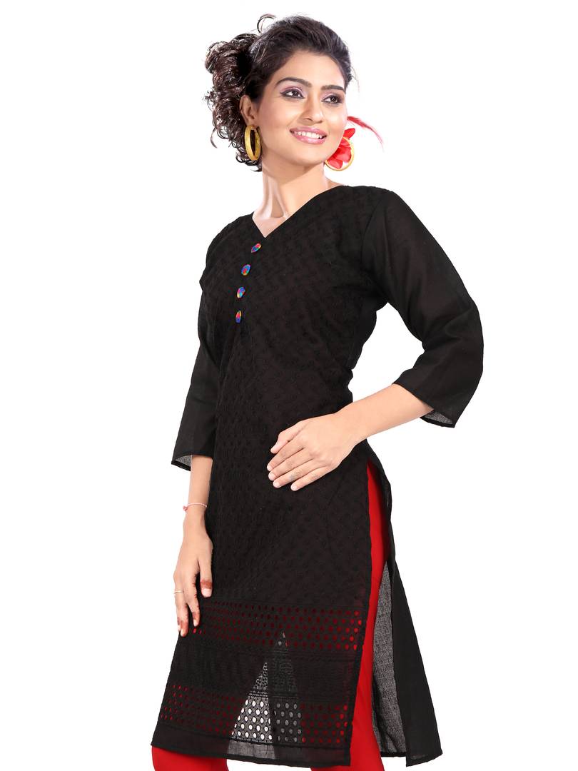 Stylish Cotton Black Chiken Embroidered Kurta For Women